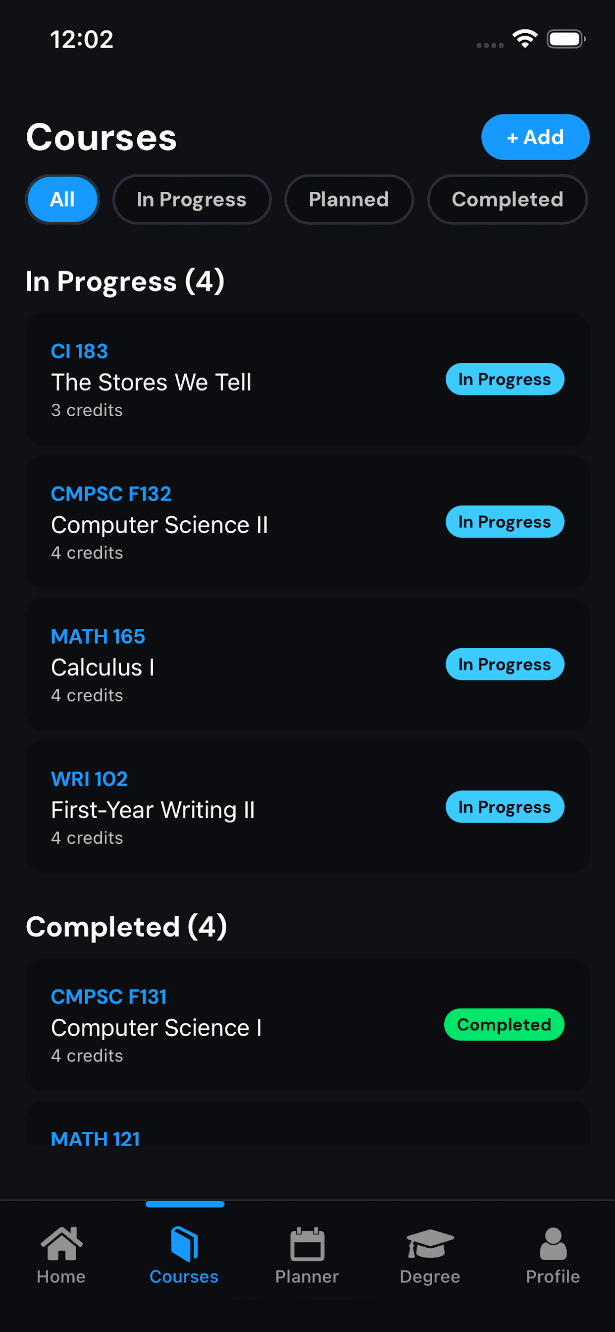Courses screen